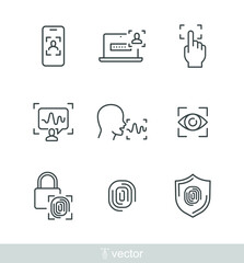 Cyber security fingerprinting, padlock fingerprint, voice, face recognition, retina check. Simple Set of Biometric Related Vector Line Icons. Vector illustration. Design on white background. EPS10