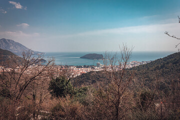 View of Budva, bay and island