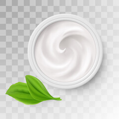 White Cosmetics Cream in Package Container Top View with Green Leaf. Applicable for Dairy or Cosmetic Products Ads or Packaging Design on Transparent Background