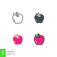 Ripe and fresh red apple fruit with single green leaf silhouette flat line color for food apps and website. Organic Fruit, vegan, vegetarian icon. Vector illustration Design on white background EPS10