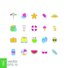 Summer vacation and beach set. Summertime icon set in filled outline color style include soda drink, sun glasses, watermelon, surfing board etc Vector illustration Design on white background EPS10