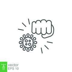 Fight coronavirus icon. Fist kicking, fist kick by bacteria for protect virus, punching hands to Conquer infection disease with hand fist attack. line Vector illustration design,white background EPS10