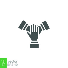 Three hands support each other. team hands together icon. Business concept. teamwork partnership. Solid, Simple pictogram stroke. vector illustration Design on white background EPS10
