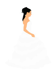 Bride in wedding dress vector illustration isolated on white background.  Happy fiance waiting groom. Cinderella in ball dress. Young lady in beautiful clothes. Elegant handsome girl in white.