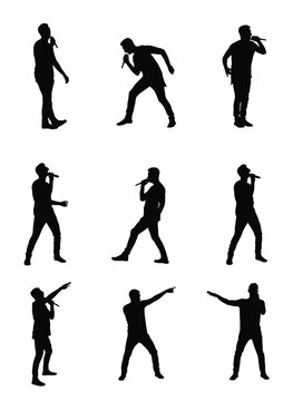 Popular singer super star vector silhouette illustration isolated on white. Attractive music artist on stage. Singer man musician against public on concert. Microphone in hands. Karaoke event in pub.