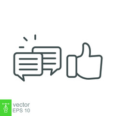 likes with comment icon line symbol. Dialog chat and hand approve sign. social media communication with thumb gesture and box writing message. Vector illustration. Design on white background. EPS10