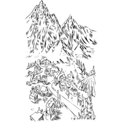 mountains, village, trees vector illustration hand draw