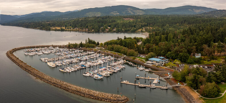 Aerial View of John Wayne Marina, Sequim, Washington. Sits on land donated by the famous actor&rsquo;s family in recognition of his vision of a marina in the scenic Sequim Bay.