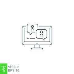 Webinar, online meeting education icon. Virtual training and consulting on internet discussion. Conference, seminar meeting on screen laptop line Vector illustration. Design on white background EPS 10