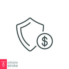Guarantee financial protect icon. money insurance with dollar shield. currency wealth badge. savings and investment safety care. Editable stroke vector illustration. Design on white background. EPS 10