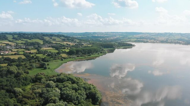 Aerial drone shot of Chew Valley Lake and surrounding countryside, Bristol, UK