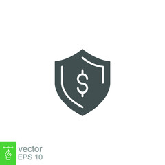 Guarantee financial, protect dollar icon. money insurance with shield. currency wealth badge. savings and investment safety care. Glyph pictogram vector illustration. Design on white background EPS 10