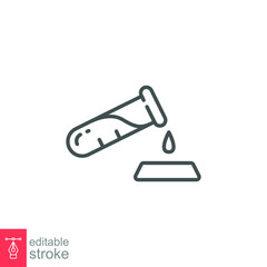Test tube with drop icon. Medical, chemical reagent. laboratory experiment. Dripping liquid from glass. line, outline pictogram. Editable stroke Vector illustration. Design on white background EPS 10