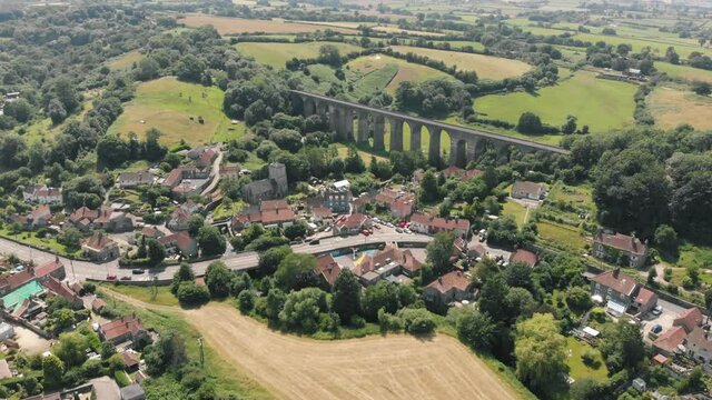 Aerial drone shot of viaduct in Pensford village, Bristol, UK