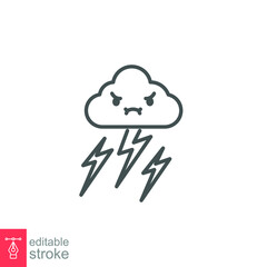 Cloud sky with character line icon. Angry storm cloud with lightning. sky with electric storm thunder. Weather for logo, app web. Editable stroke Vector illustration Design on white background EPS 10