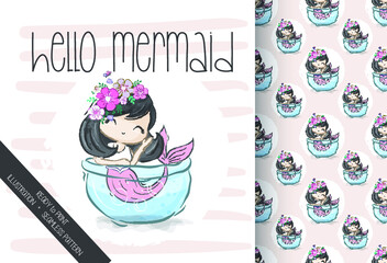 Cute pretty mermaid seamless pattern: can be used for cards, invitations, baby shower, posters; with white isolated background
