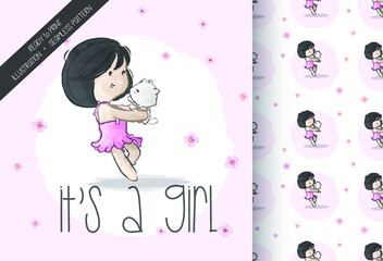 Cartoon cute girl playing with pets seamless pattern: can be used for cards, invitations, baby shower, posters; with white isolated background
