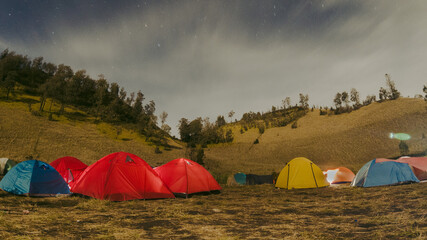 Sunny night at the camping ground area of ​​Ranu Kumbolo Semeru