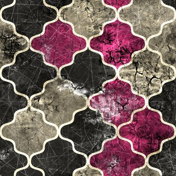 Seamless Moroccan Tile Mosaic Grungy Pattern for Surface Print. High quality illustration. Ornate distressed tribal bohemian geometry swatch in perfect repeat. Geometric textile design.
