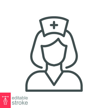 Nurse line icon hospital, girl, woman. Medical Assistant with Stethoscope and Cap for Health Care Services. Medical Assistant. Editable stroke. Vector illustration. Design on white background. EPS 10