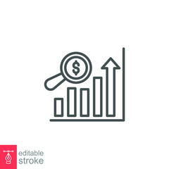 Sales forecasting outline icon. Analytics financial, business analysis. magnifying glass, bar graph observation budget estimate. Editable stroke Vector illustration Design on white background EPS 10