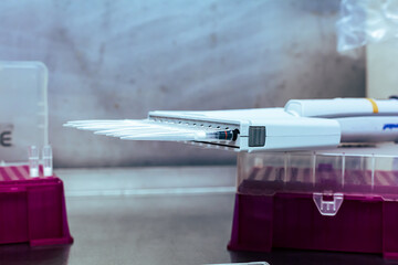 Multichannel pipette on Tip box under sterile condition