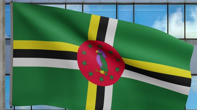 3D, Dominican flag waving on wind with modern skyscraper city. Dominica banner blowing, soft and smooth silk. Cloth fabric texture ensign background. National day and country occasions concept.-Dan