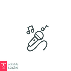 Microphone Vector line Icon, Microphone surrounded by notes symbol. microphone music logo and melody signs. editable stroke vector illustration design on white background. EPS 10