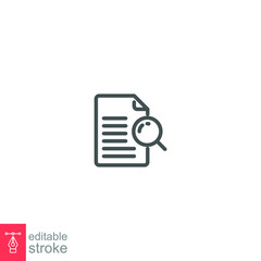 Case study line icon. Research document. Paper with Magnifying glass. File Project analysis Logo pictogram in outline symbol. Editable stroke Vector illustration design on white background. EPS 10