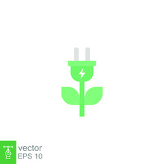 Flat Design Style Green plug power consumption icon. Green electricity eco energy. Plug and leaf for save energy technology. Ecology charging logo Vector illustration design on white background EPS 10