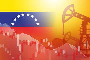 Sale of oil from Vinezuela. Oil quotes on background of Vinezuela flag. Falling petroleum value. Crisis in hydrocarbon industry. Metaphor for sanctions on oil from Venezuela. 3d rendering.