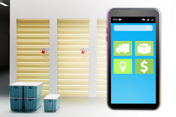 Rental Storage Units. Application for renting warehouse. Smartphone front storage containers. Self unit rental at warehouse company. Storage doors and drawers in background. Selective focus. 3d image