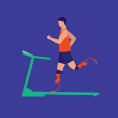 Fototapeta na wymiar Young Man With Prosthetic Leg Jogging On Treadmill Machine. Athlete With Disabilities.