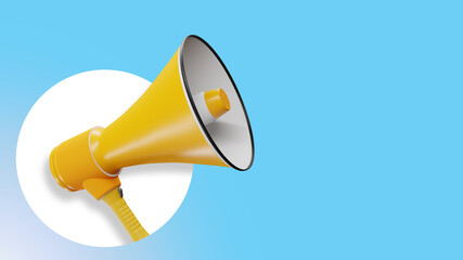 Loudspeaker yellow. Visualization of gramophone with place for text. Detailed megaphone.  gramophone as metaphor for advertising and marketing. Design for banner about advertising. 3d rendering.