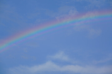 青い空と白い雲にかかる虹