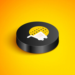 Isometric line Shopping cart with globe icon isolated on yellow background. Online buying concept. Global market concept. Supermarket basket symbol. Black circle button. Vector