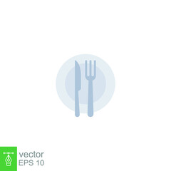 Plate and knife with a fork icon, dinner, meal, eat cutlery, flat style. Restaurant dish in dining table set. Tableware, silverware serving logo Vector illustration design on white background. EPS 10