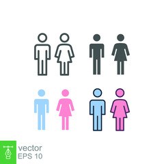 male and female icon, toilet, woman, people logo, different style. Bathroom and restroom sign. Symbols of man and women. Partner gender logo. Vector illustration design on white background. EPS 10