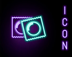 Glowing neon line Condoms in package safe sex icon isolated on black background. Safe love symbol. Contraceptive method for male. Colorful outline concept. Vector