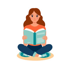 Woman reading book while sitting. Learning and literacy day concept. Cute vector illustration in flat cartoon style. Female reading book
