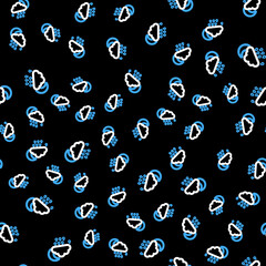 Line Cloud with rain and moon icon isolated seamless pattern on black background. Rain cloud precipitation with rain drops. Vector