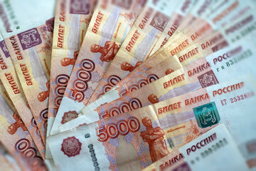 Background with Russian money in the form of five thousand rubles