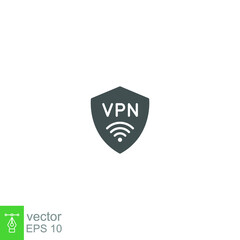 Vpn icon. Internet Security Concept. Simple shield with Protection wi-fi symbol and Virtual Private Network. Active safety. Firewall. Solid style Vector illustration. Design on white background EPS 10