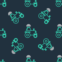 Fototapeta na wymiar Line Self driving wireless tractor on a smart farm icon isolated seamless pattern on black background. Smart agriculture implement element. Vector