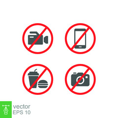 prohibition no camera, no mobile phone, no video recording, no food and drink signboard icon. flat style. Prohibited Stop fast food warning sign. vector illustration design on white background. EPS 10