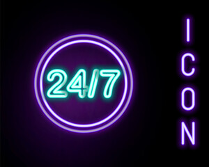 Glowing neon line Clock 24 hours icon isolated on black background. All day cyclic icon. 24 hours service symbol. Colorful outline concept. Vector
