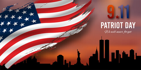 Patriot day background, New York City skyline and American grunge flag. Vector - obrazy, fototapety, plakaty