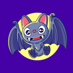 Happy Halloween. Cartoon cute bat with big teeth and big ears flying on moon background