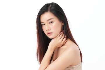 Obraz premium Beautiful young asian woman with clean fresh skin on white background, Face care, Facial treatment, Cosmetology, beauty and spa, Asian women portrait.