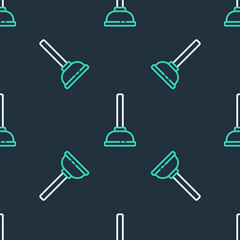 Line Rubber plunger with wooden handle for pipe cleaning icon isolated seamless pattern on black background. Toilet plunger. Vector